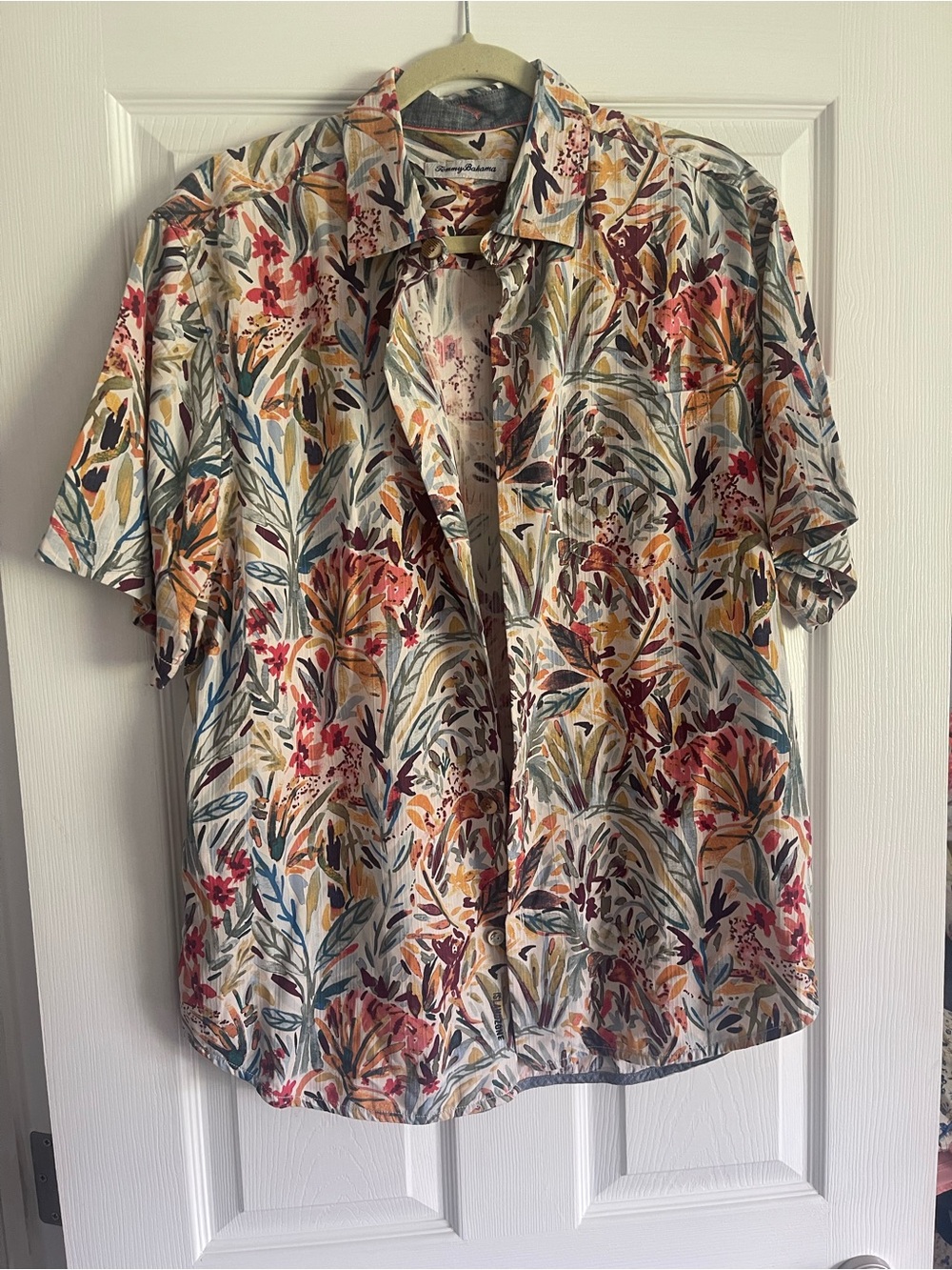 Tommy Bahama Floral Print Short-Sleeve Camp Shirt in Cream, Green & Rust